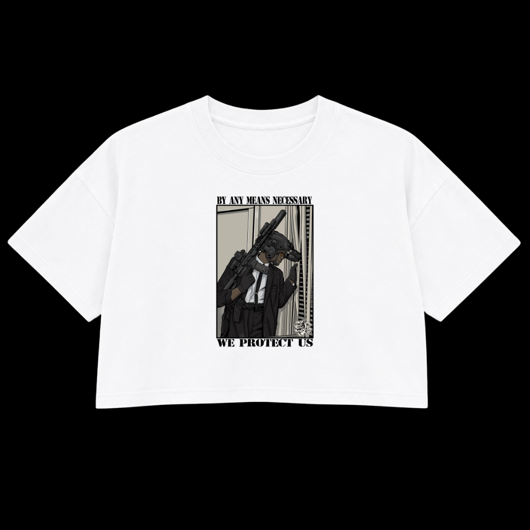 BY ANY MEANS NECESSARY PREMIUM CROP TEE (FRONT ONLY)