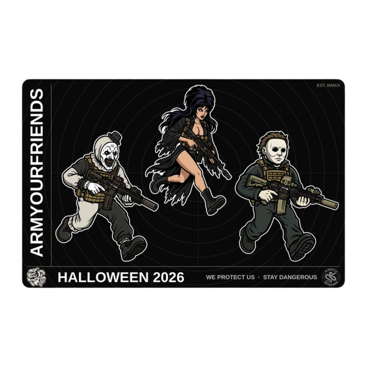 Halloween 2026 sticker sheet: The Queen, The Clown and The Texan, 8.5 x 5.5 in, on a white background