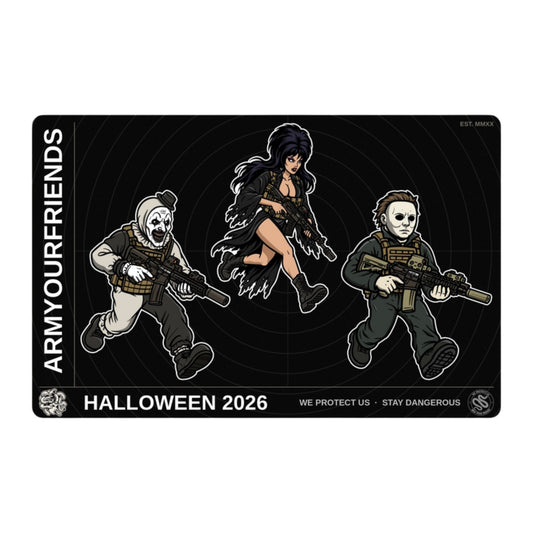 Halloween 2026 sticker sheet: The Queen, The Clown and The Texan, 8.5 x 5.5 in, on a white background