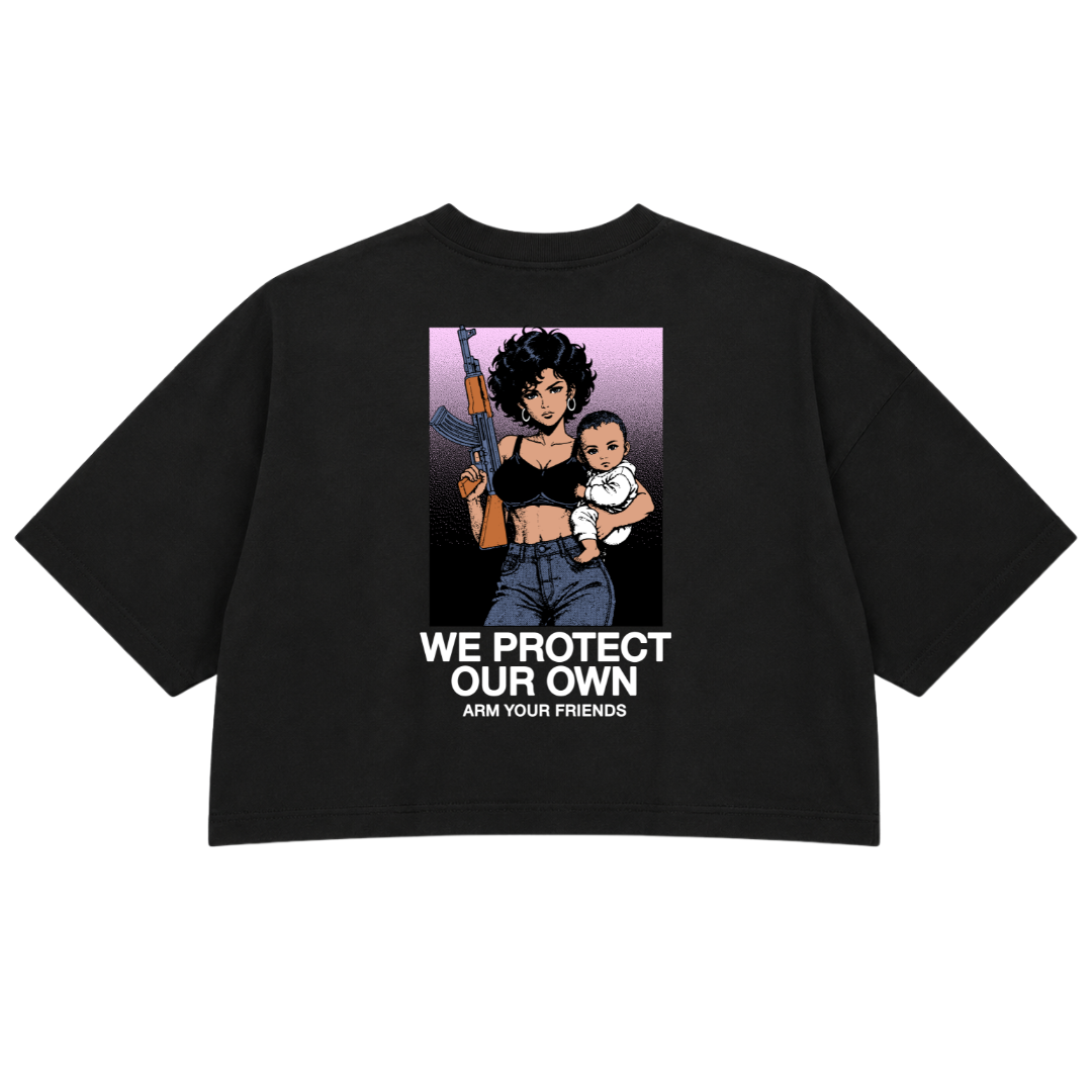 WE PROTECT OUR OWN PREMIUM CROP TEE COLORED (DOUBLE SIDED)