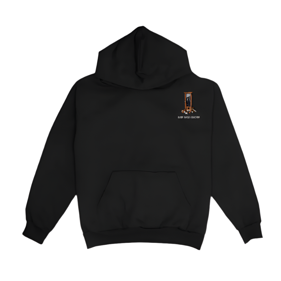 Black hoodie with a small embroidered design on the chest against a black background