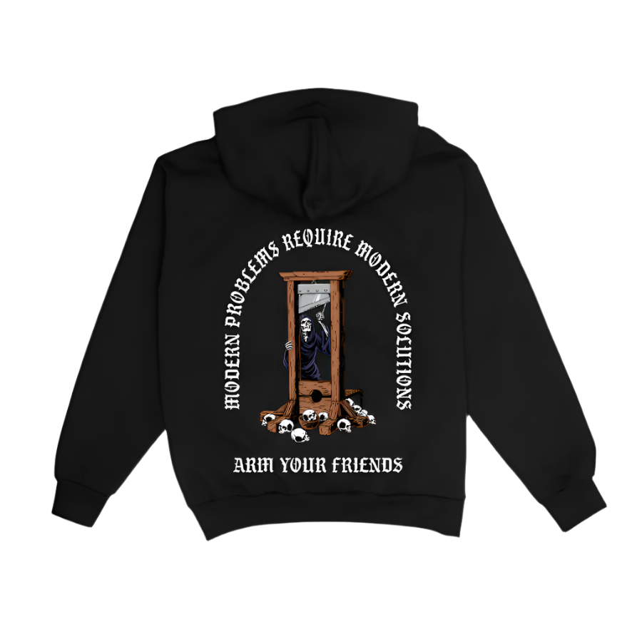 Black hoodie with graphic design and text on the back against a black background