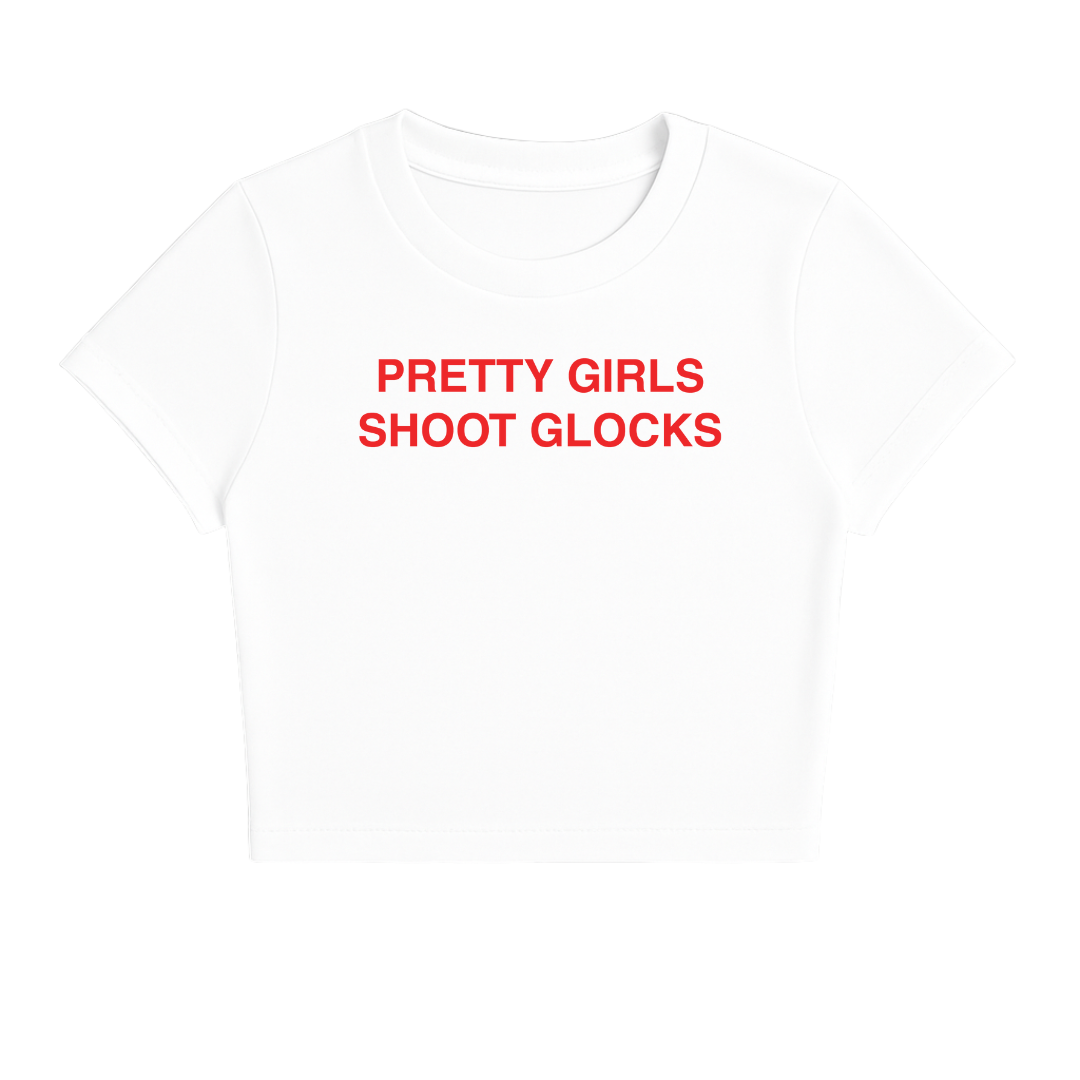 PRETTY GIRLS SHOOT GLOCKS BABY TEE (RED FONT)