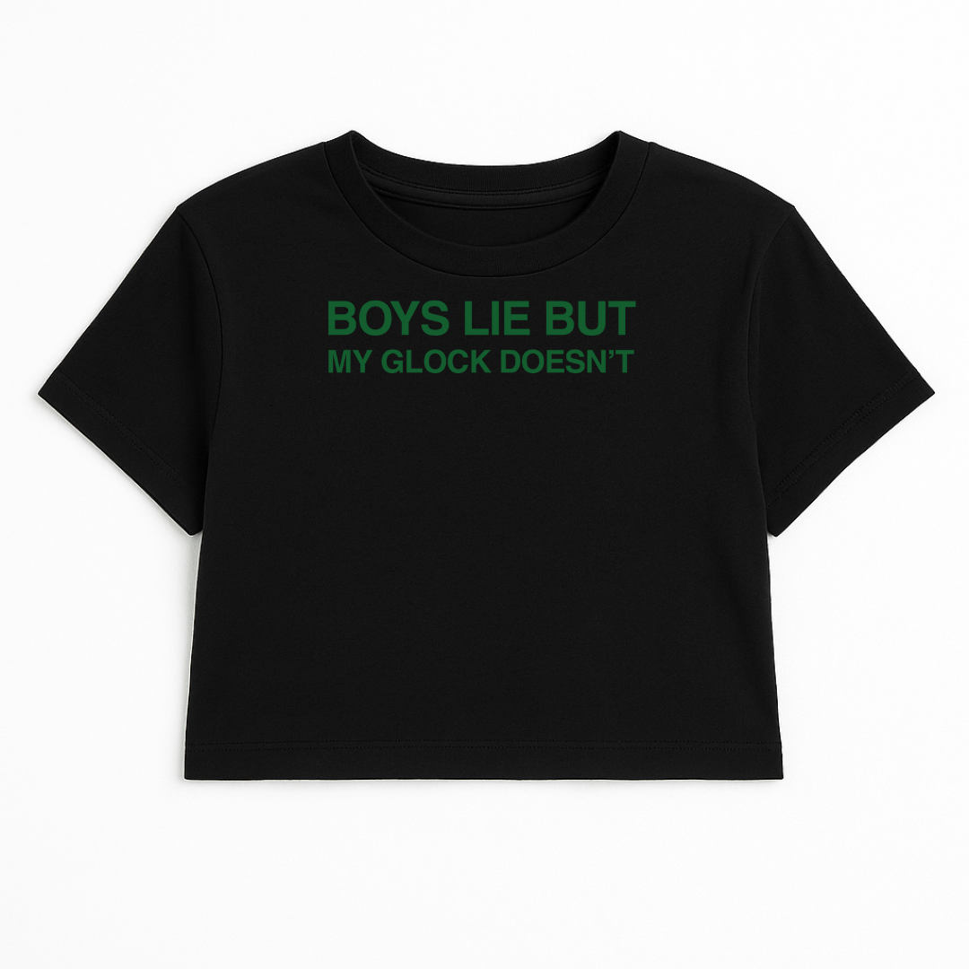 BOYS LIE BUT MY GROUPINGS DON'T CROP TEE (GREEN FONT)