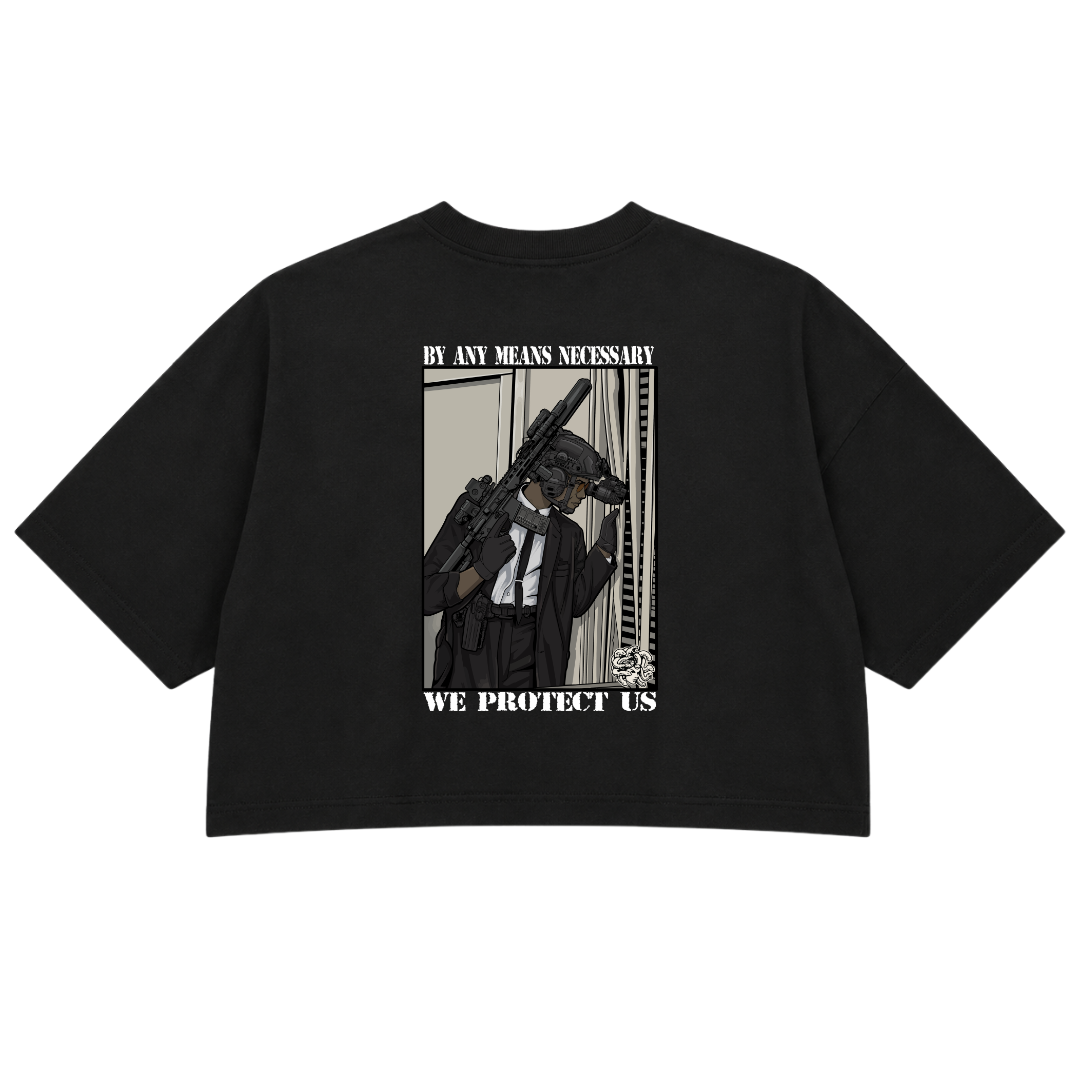BY ANY MEANS NECESSARY PREMIUM CROP TEE (DOUBLE SIDED)
