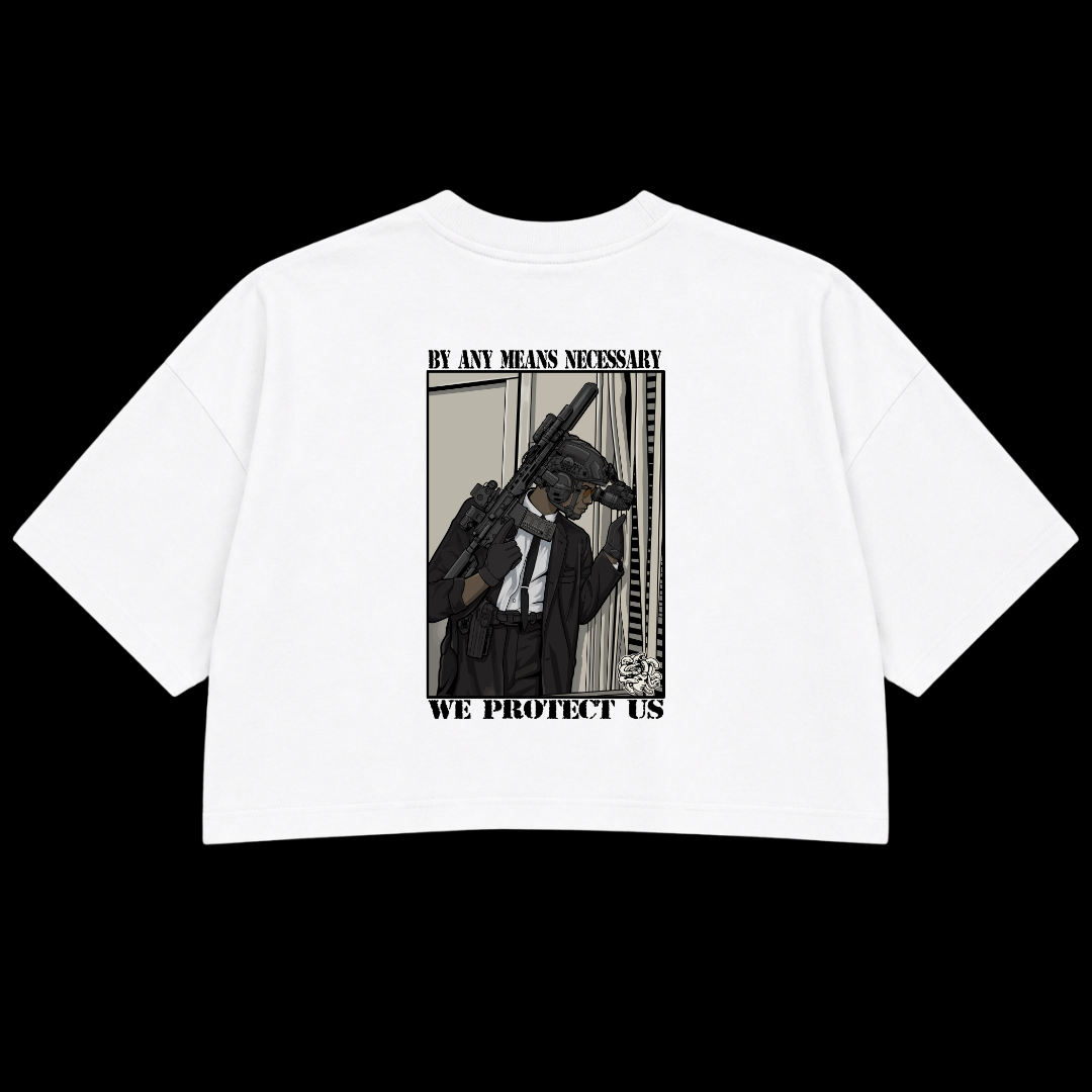 BY ANY MEANS NECESSARY PREMIUM CROP TEE (DOUBLE SIDED)