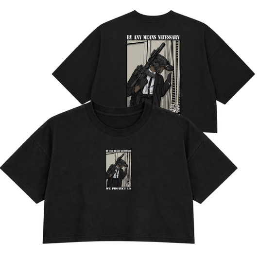 BY ANY MEANS NECESSARY PREMIUM CROP TEE (DOUBLE SIDED)