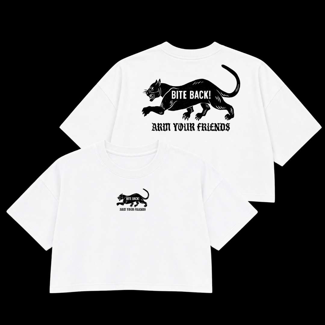 BITE BACK PREMIUM CROP TEE (DOUBLE SIDED) - BLACK AND WHITE