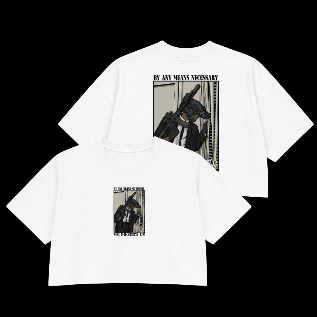 BY ANY MEANS NECESSARY PREMIUM CROP TEE (DOUBLE SIDED)