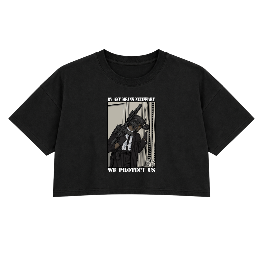 BY ANY MEANS NECESSARY PREMIUM CROP TEE (FRONT ONLY)